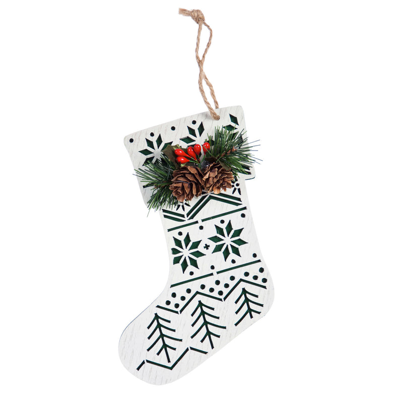 Wooden Ornament with Artificial and Pinecone Ornament, 2 Asst: Deer/Stocking,3otw156