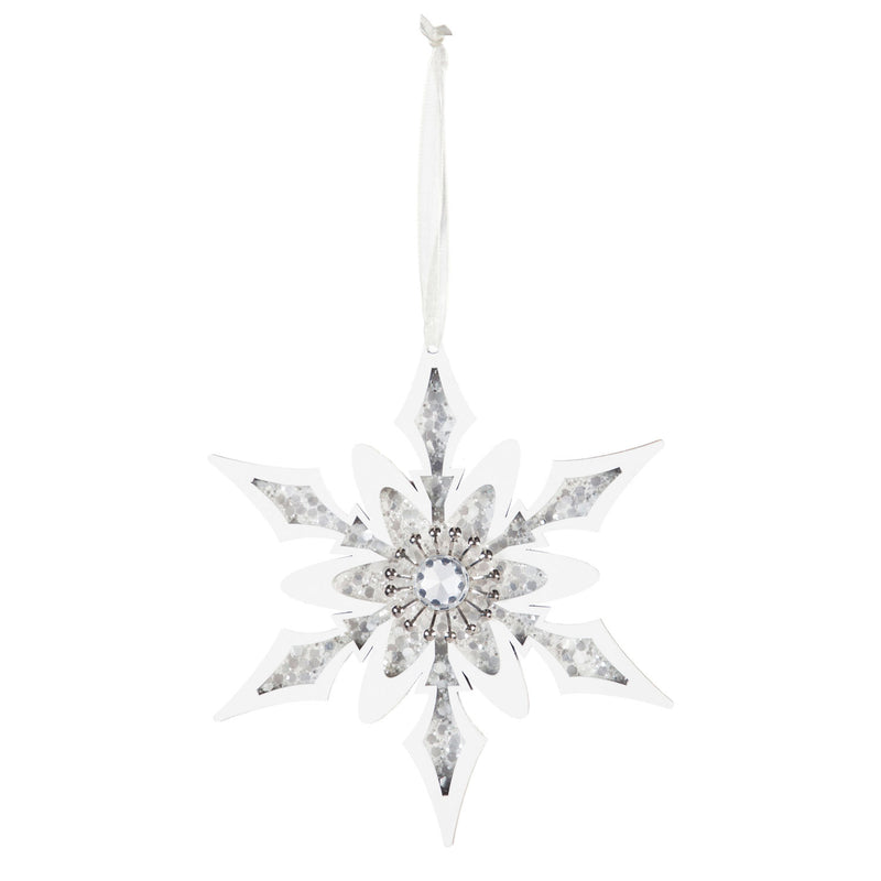 Wooden Snowflake Ornament, White with Crystals, 2 Asst