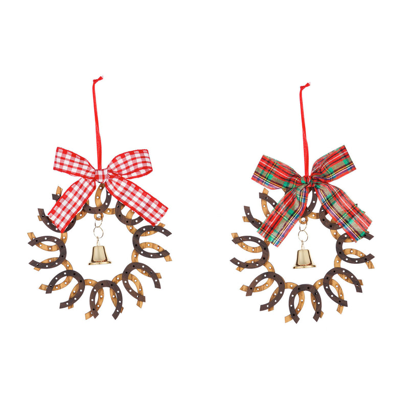 Wooden Horseshoe Wreath Ornament with Ribbon Bow, 2 Assorted, 5.3'' x 1.2'' x 5.9'' inches
