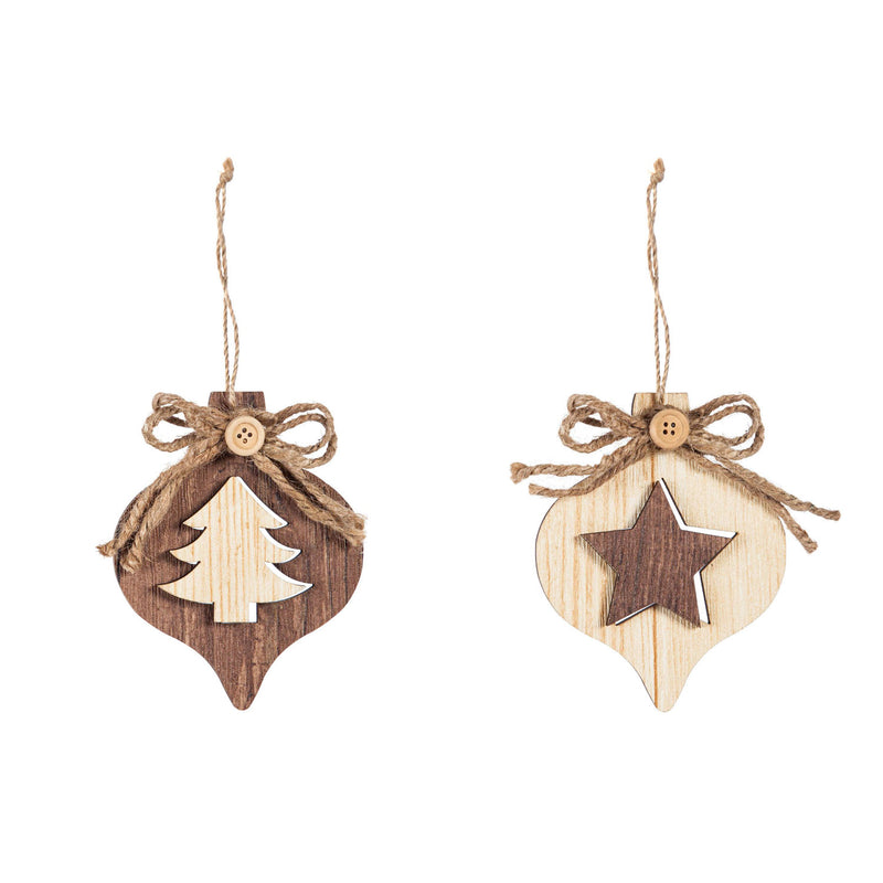 Wooden Teardrop Ornament, Tree/Star, 2 Assorted, 3.8'' x 0.7'' x 4.6'' inches
