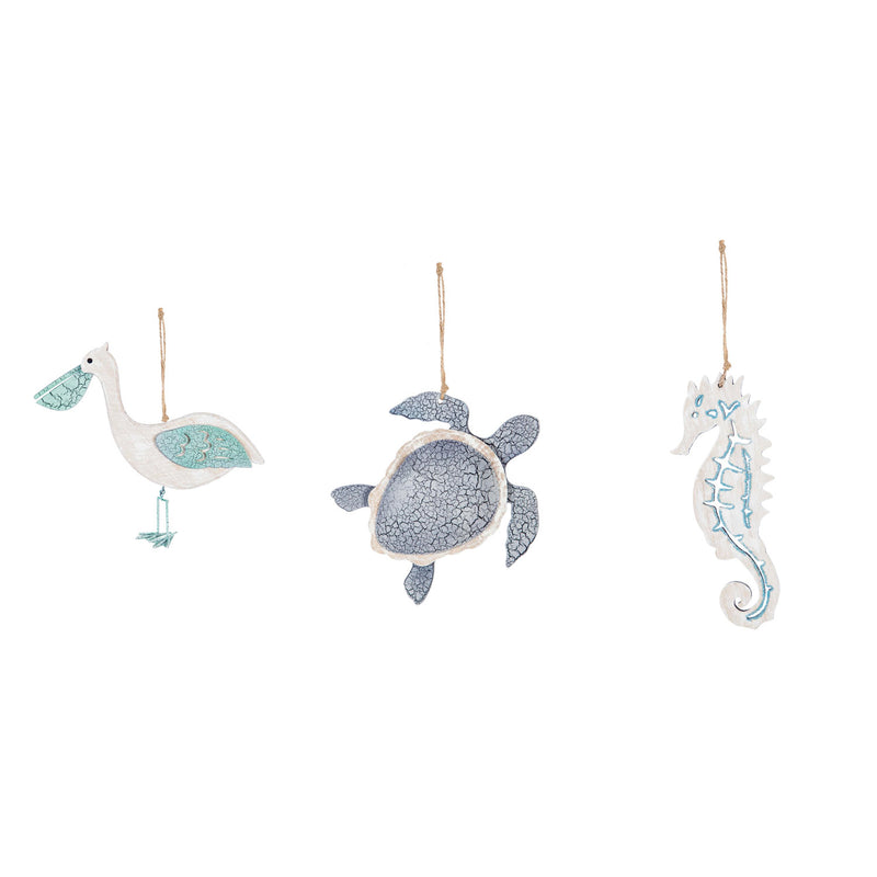 Wooden Coastal Ornament, Seahorse/Turtle/Pelican, 3 Assorted, 5.3'' x 0.5'' x 6.6'' inches