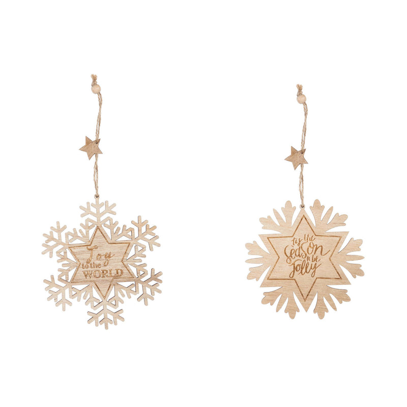 Wooden Holiday Message Snowflake Ornament, 2 Assorted, 5'' x 0.2'' x 5'' inches