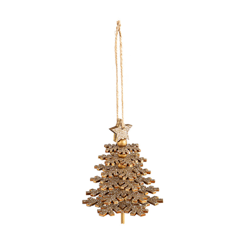 Wooden Christmas Tree Ornament with Gold Glitter, 3.5"x3.5"x4.5"inches