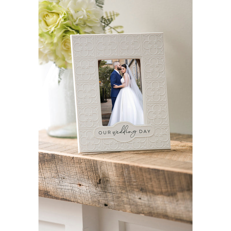 Embossed Tile Bisque Porcelain Picture Frame, 4'' x 6'', Our Wedding Day,3pf023