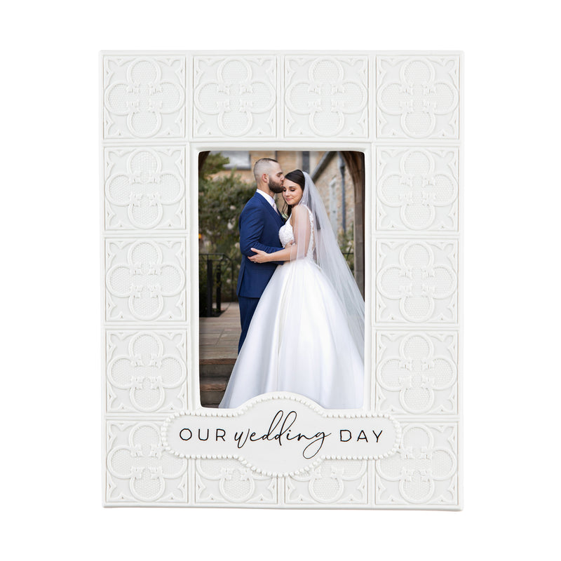 Embossed Tile Bisque Porcelain Picture Frame, 4'' x 6'', Our Wedding Day,3pf023