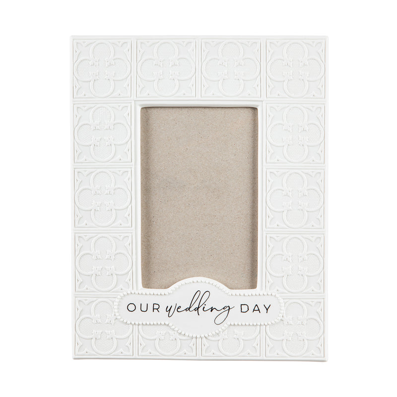 Embossed Tile Bisque Porcelain Picture Frame, 4'' x 6'', Our Wedding Day,3pf023