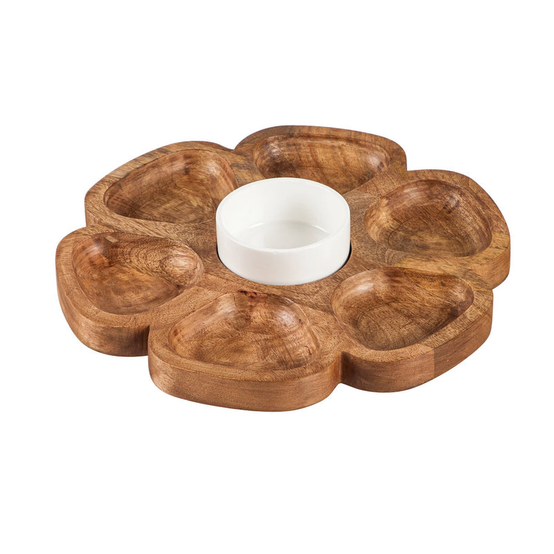 12" Wood Flower Shaped Serving Tray with 5 OZ Dip Bowl,3sbs004