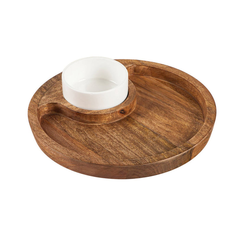 10" Wood Round Serving Tray with 5 OZ Dip Bowl, 10"x10"x1"inches