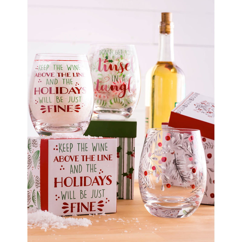 Cypress Home Beautiful Christmas Keep the Wine Above the Line Stemless Wine Glass - 4 x 5 x 4 Inches Indoor/Outdoor home goods For Kitchens, Parties and Homes