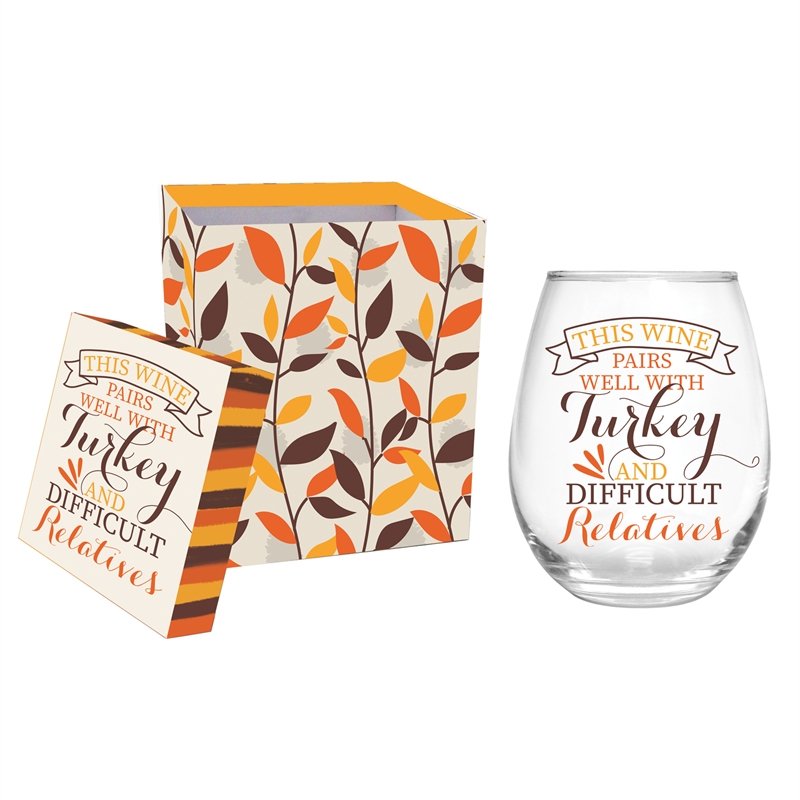 Stemless Wine Glass w/box, 17 oz., This Wine Pairs Well with Turkey and Difficult Relatives