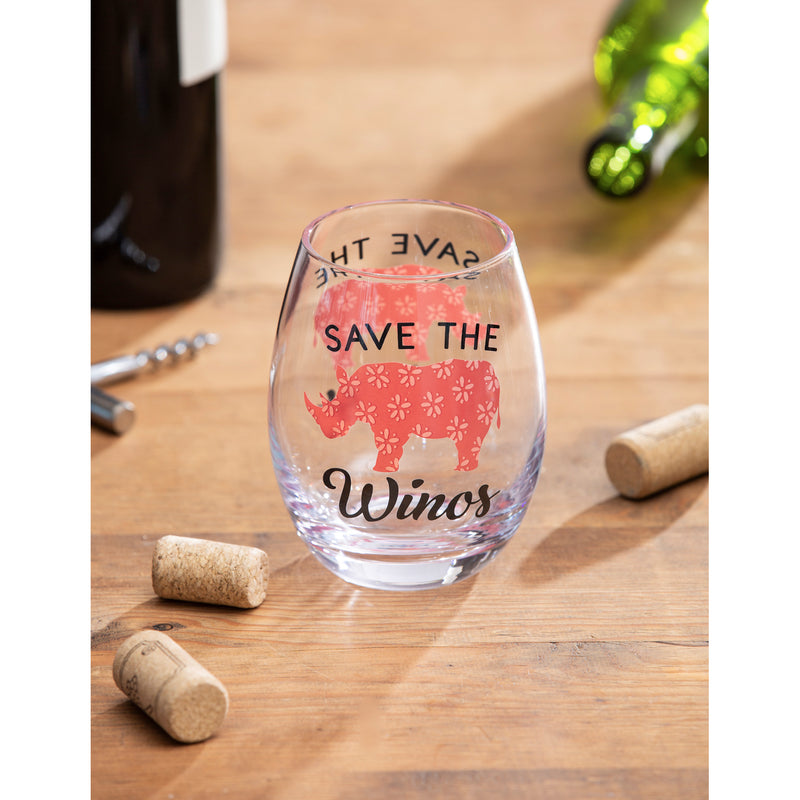 17 OZ Stemless Wine Glass w/Box, Save The Winos, 3.75"x3.75"x5"inches