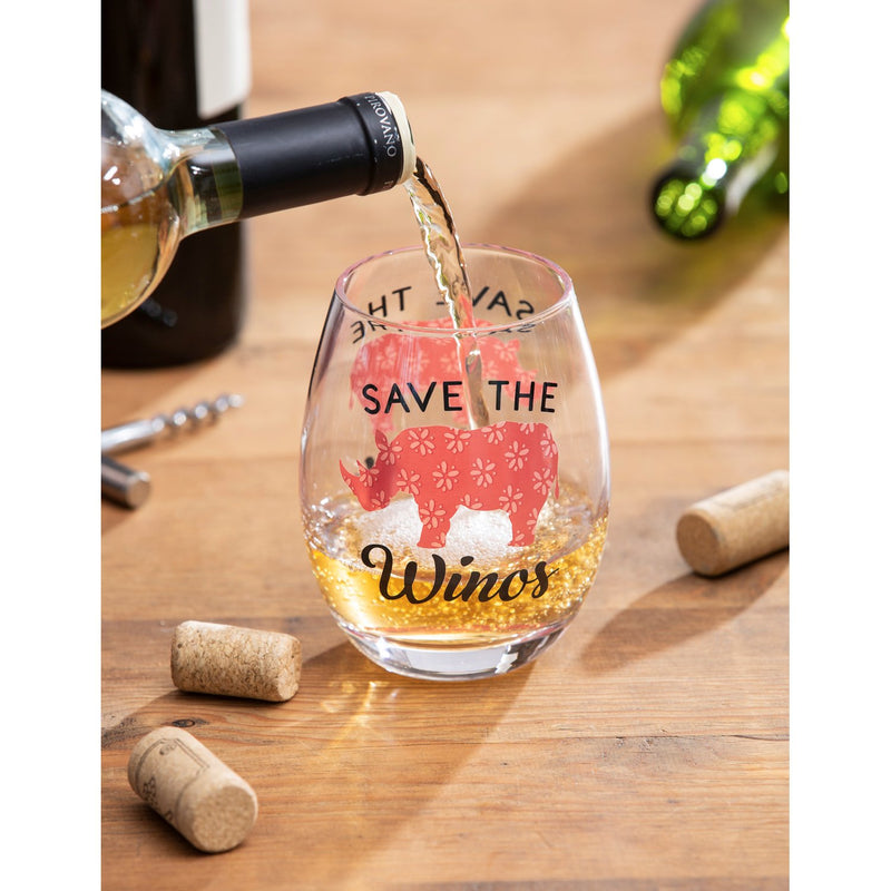 17 OZ Stemless Wine Glass w/Box, Save The Winos, 3.75"x3.75"x5"inches