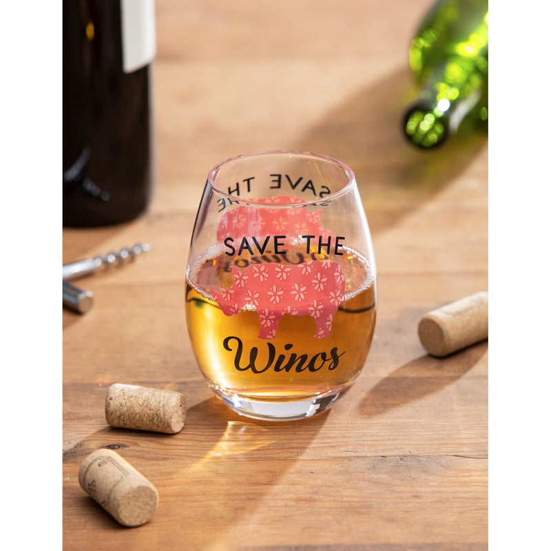17 OZ Stemless Wine Glass w/Box, Save The Winos, 3.75"x3.75"x5"inches