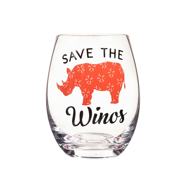 17 OZ Stemless Wine Glass w/Box, Save The Winos, 3.75"x3.75"x5"inches