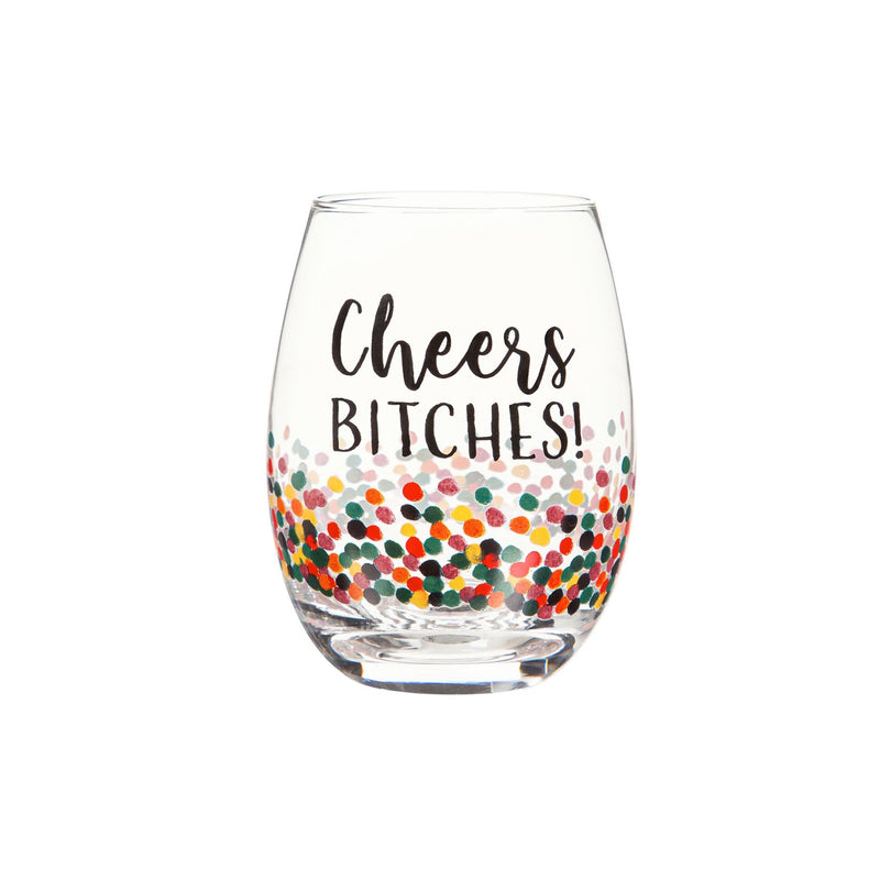 17 OZ Stemless Wine Glass w/Box, Cheers Bitches, 3.75"x3.75"x5"inches