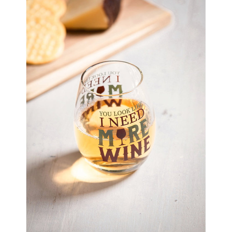 17 OZ Stemless Wine Glass w/Box, I Need More Wine, 3.75"x3.75"x5"inches