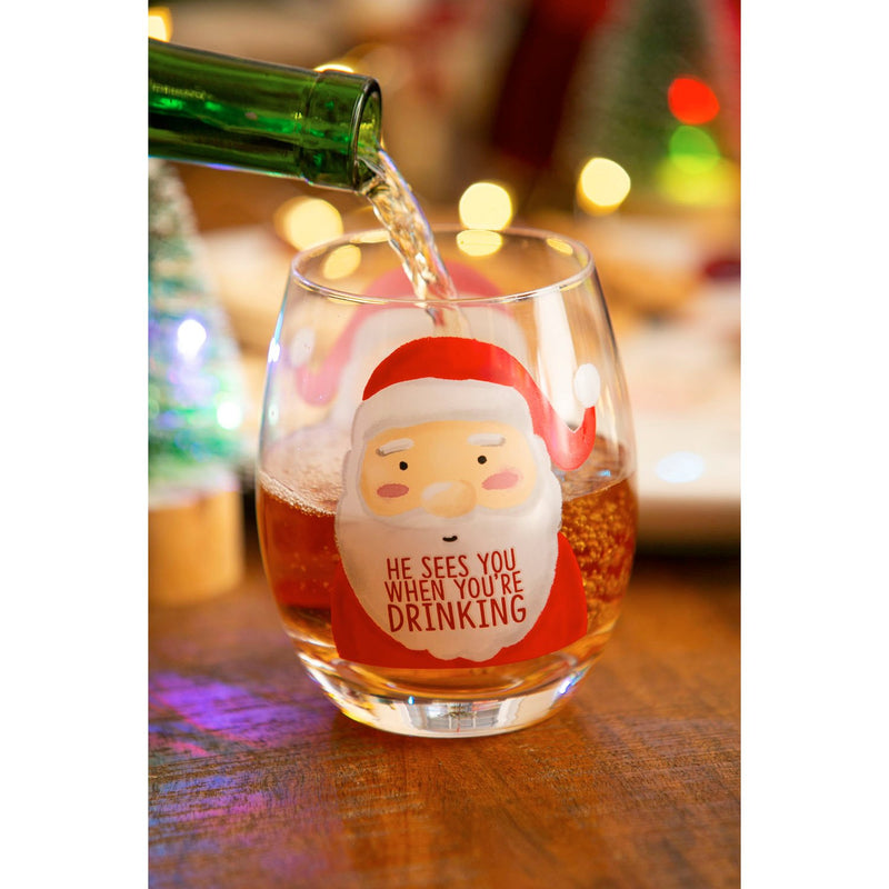 Cypress Home Beautiful Christmas He Sees You When You're Drinking Stemless Wine Glass - 4 x 5 x 4 Inches Indoor/Outdoor home goods For Kitchens, Parties and Homes