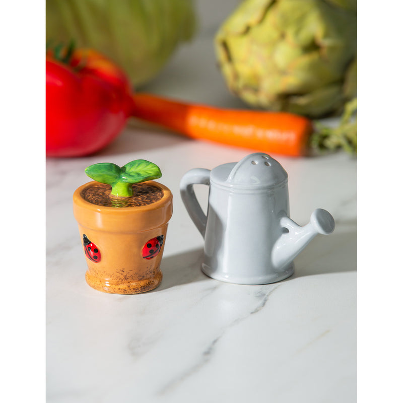 Ceramic Salt & Pepper Shaker Set, Watering Can/Plant, 3.75"x2"x2.5"inches