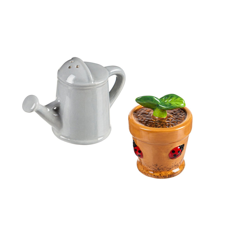 Ceramic Salt & Pepper Shaker Set, Watering Can/Plant, 3.75"x2"x2.5"inches