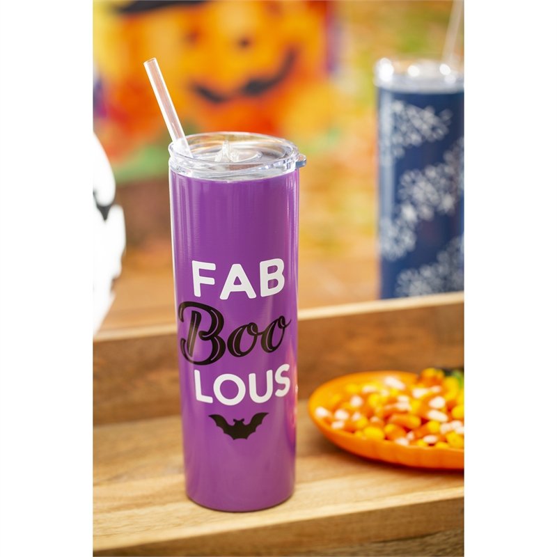 Double Wall Stainless Steel, Glow-in-the-dark Beverage Cup w/Straw, 20 oz., FAB "BOO" LOUS