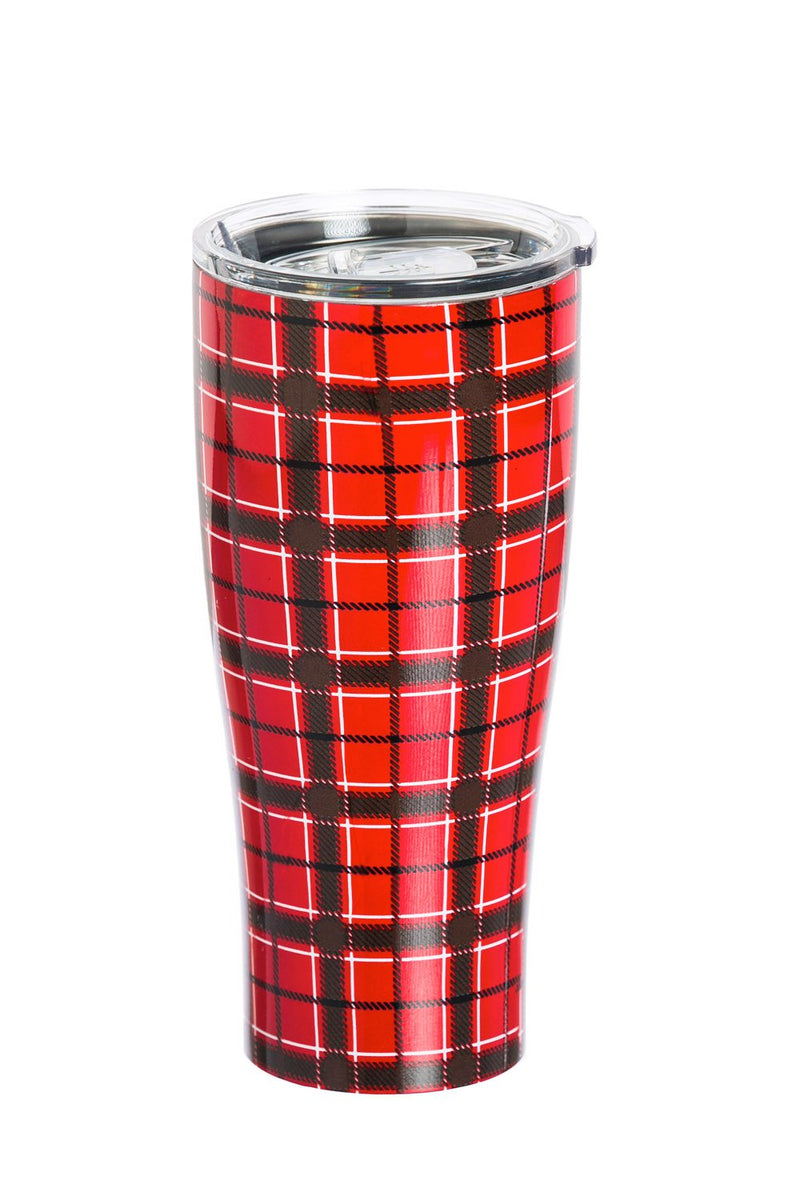 Red Plaid Steel Cup - 3 x 3 x 8 Inches