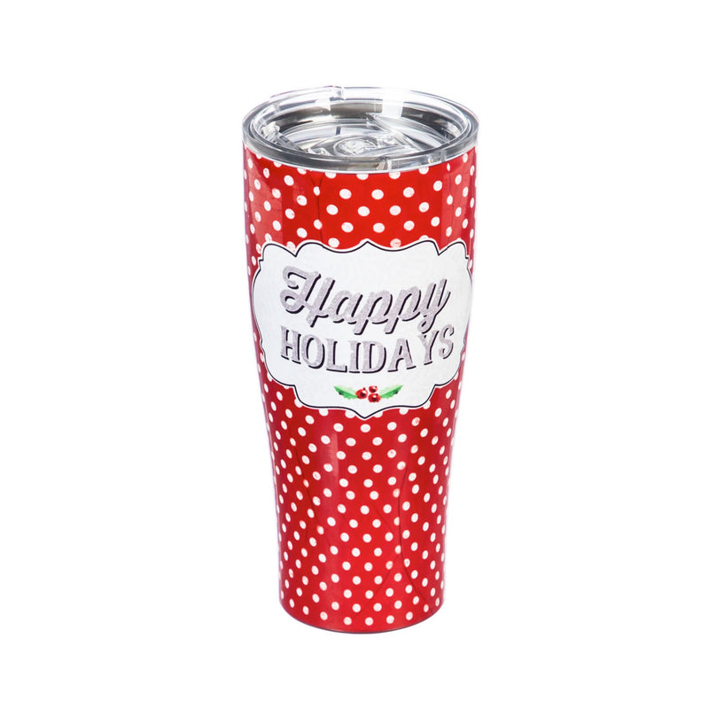 Cypress Home Beautiful Happy Holidays with Dots Double Wall Stainless Steel Cup - 3 x 3 x 8 Inches Indoor/Outdoor home goods For Kitchens, Parties and Homes