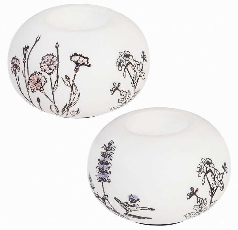 Ceramic Round Tealight Holder, Stamped Botanical, Set of 2