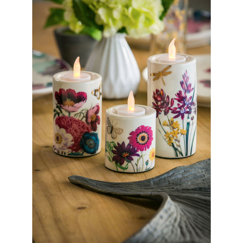 Ceramic Round Tealight Holder, Vivid Bouquet, Set of 3