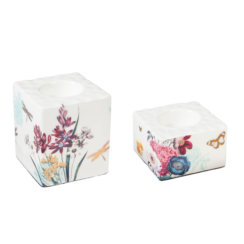 Ceramic Square Tealight Holder, Vivid Bouquet, Set of 2