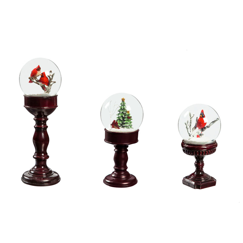 Set of 3 Pedestal Water Globes, Cardinals and Trees
