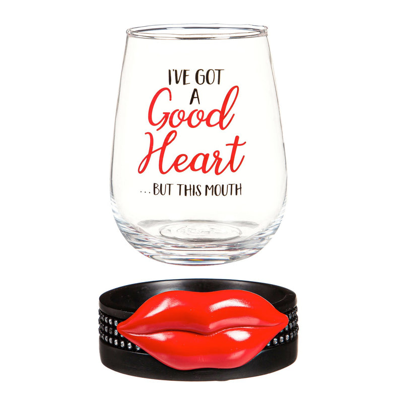 17 OZ Wine Glass with Coster Base, Good Heart, 6.2"x3.5"x3.5"inches