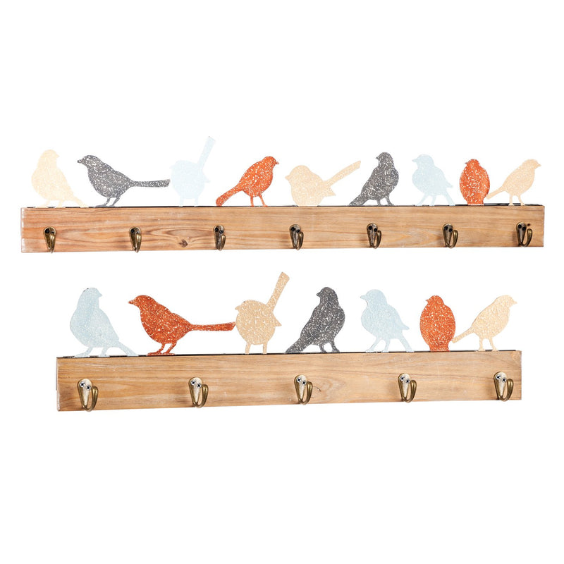 Metal and Wood Birds Wall Hooks, Set of 2, 31.5'' x 2'' x 6.8'' inches