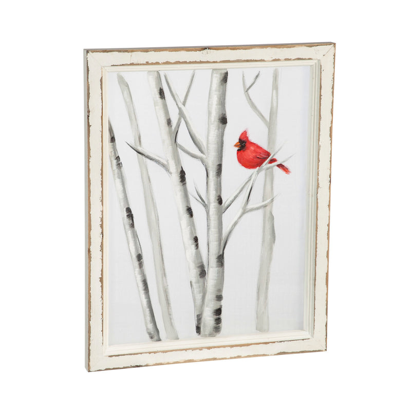 Birch Trees with Red Cardinal Hand Painted Screen Wood Frame Wall Décor, 16"W x 20"H