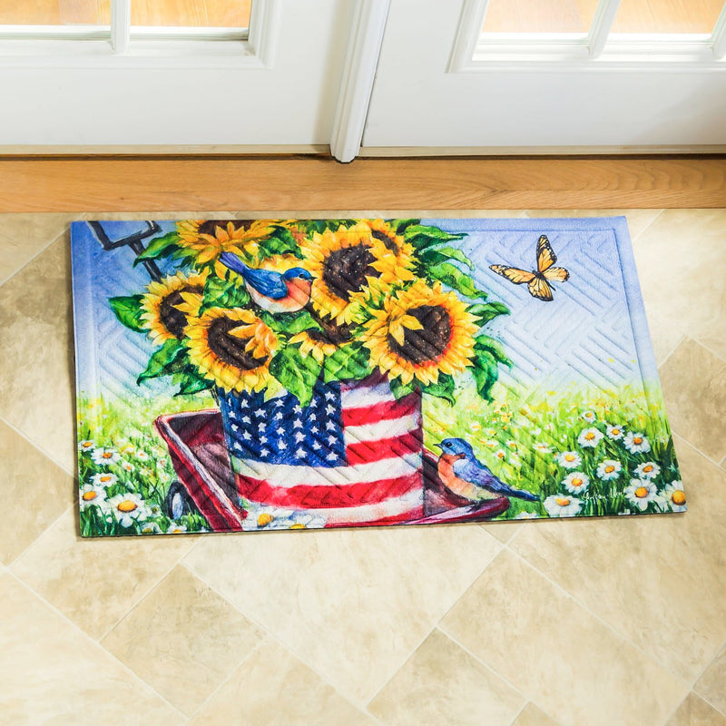 Evergreen Flag Beautiful Patriotic Sunflower Wagon Embossed Durable Welcome Mat - 30 x 18 Inches Fade and Weather Resistant Outdoor Doormat for Homes, Yards and Gardens