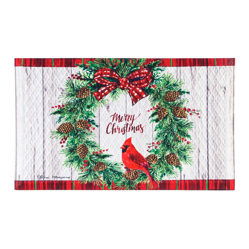 Evergreen Flag Beautiful Winter Merry Christmas Cardinal Wreath Embossed Doormat - 30 x 1 x 18 Inches Fade and Weather Resistant Outdoor Floor Mat for Homes, Yards and Gardens
