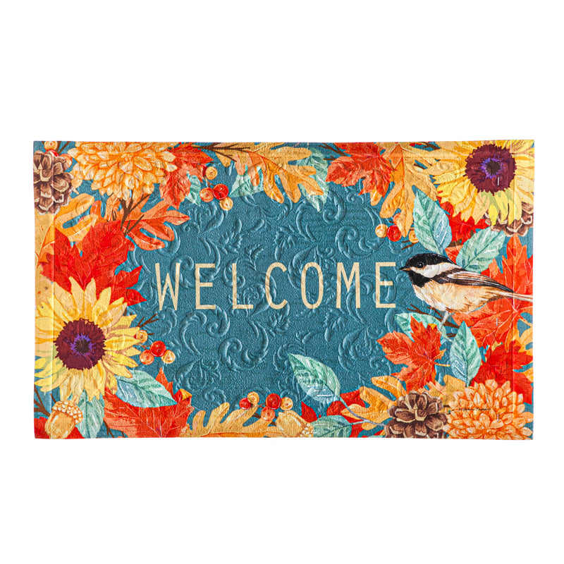 Evergreen Floormat,Fall Chickadee Wreath Embossed Floor Mat,30x0.5x18 Inches