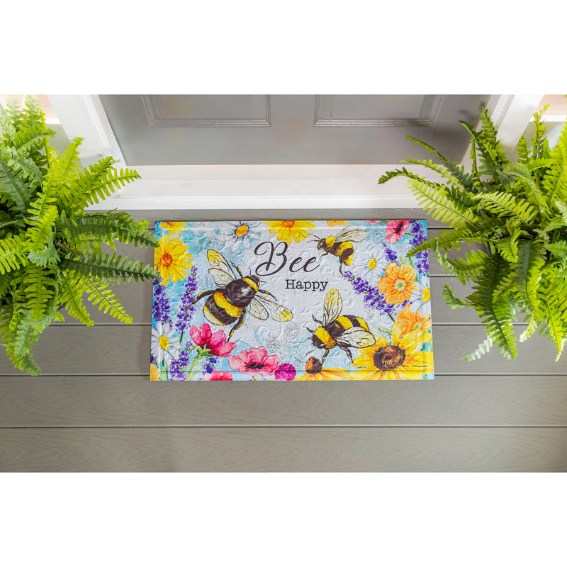 Evergreen Floormat,Bright Flowers and Bumblebees Embossed Floor Mat,30x0.5x18 Inches