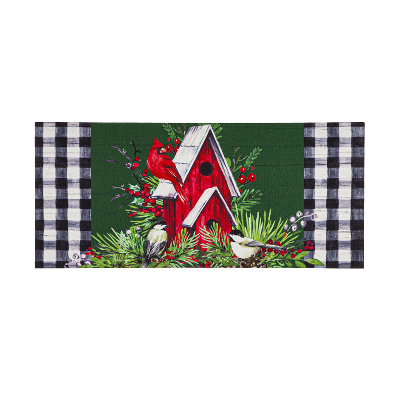 Evergreen Floormat,Christmas Cardinal Birdhouse Sassafras Switch Mat,10x22x0.25 Inches