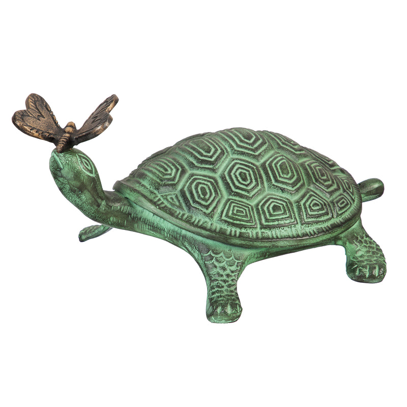 Evergreen 14"L Verdigris Metal Garden Statuary, Turtle and Butterfly, 6.8'' x 2.5'' x 2.5'' inches