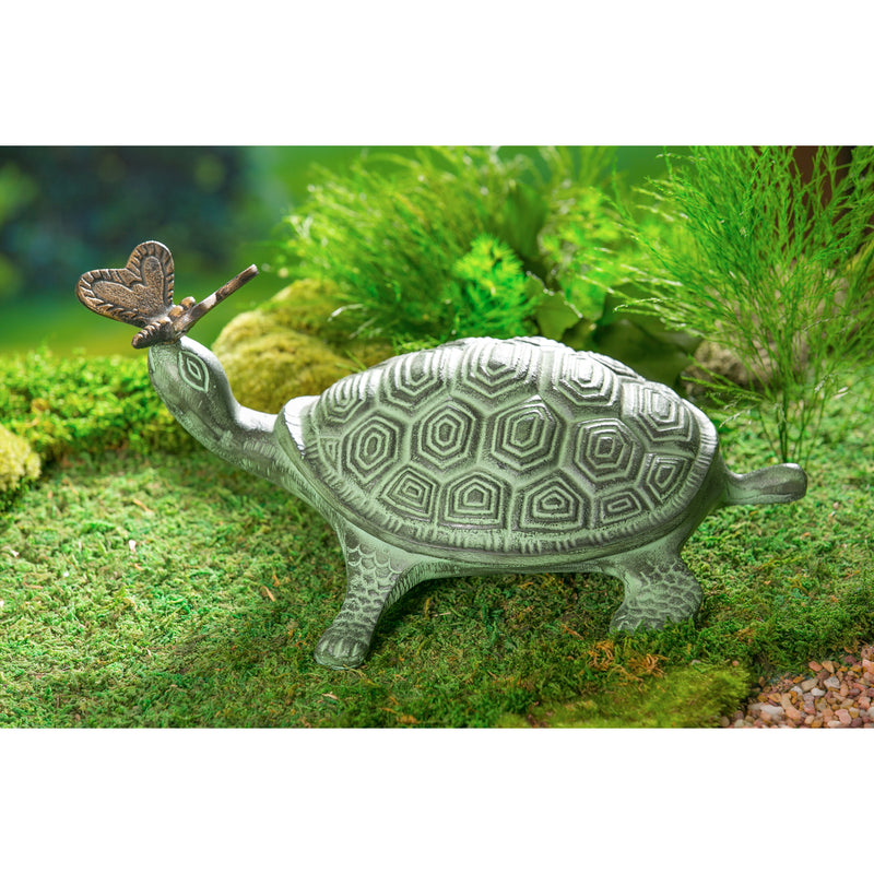 Evergreen 14"L Verdigris Metal Garden Statuary, Turtle and Butterfly, 6.8'' x 2.5'' x 2.5'' inches
