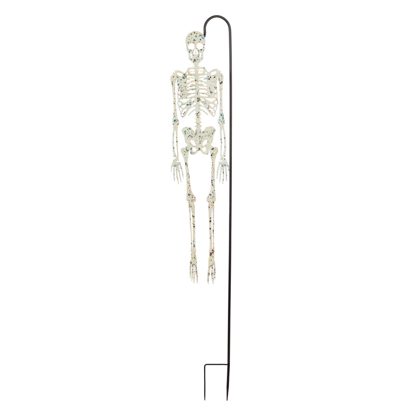 39.25"H Glow in the Dark Skeleton on Shephard's Hook Garden Stake, 9.5"x0.25"x39.25"inches