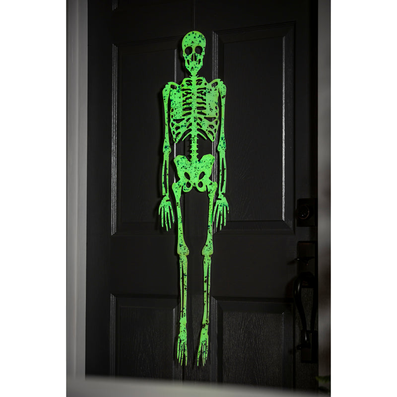 39.25"H Glow in the Dark Skeleton on Shephard's Hook Garden Stake, 9.5"x0.25"x39.25"inches