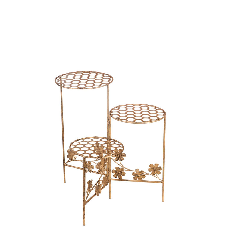 18.25" 3 Tier Collapsible Plant Stand, Honeycomb and Floral with Gold and Verdigris Finish, 8"x10"x18.25"inches