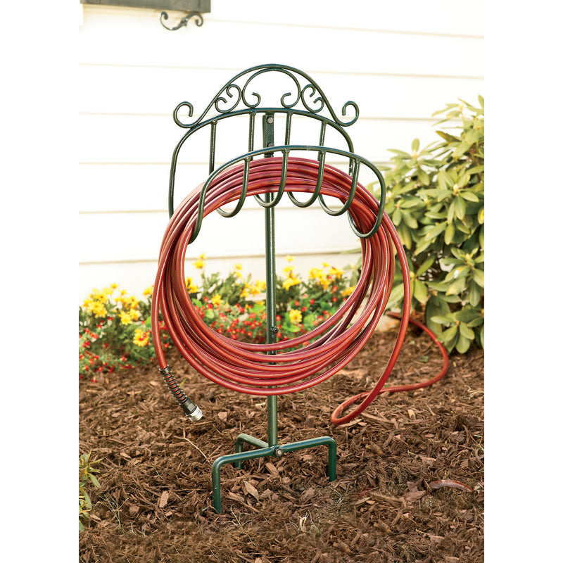 Wrought Iron Hose Holder with Ground Stake - Green, 15.5"x7"x37.5"inches