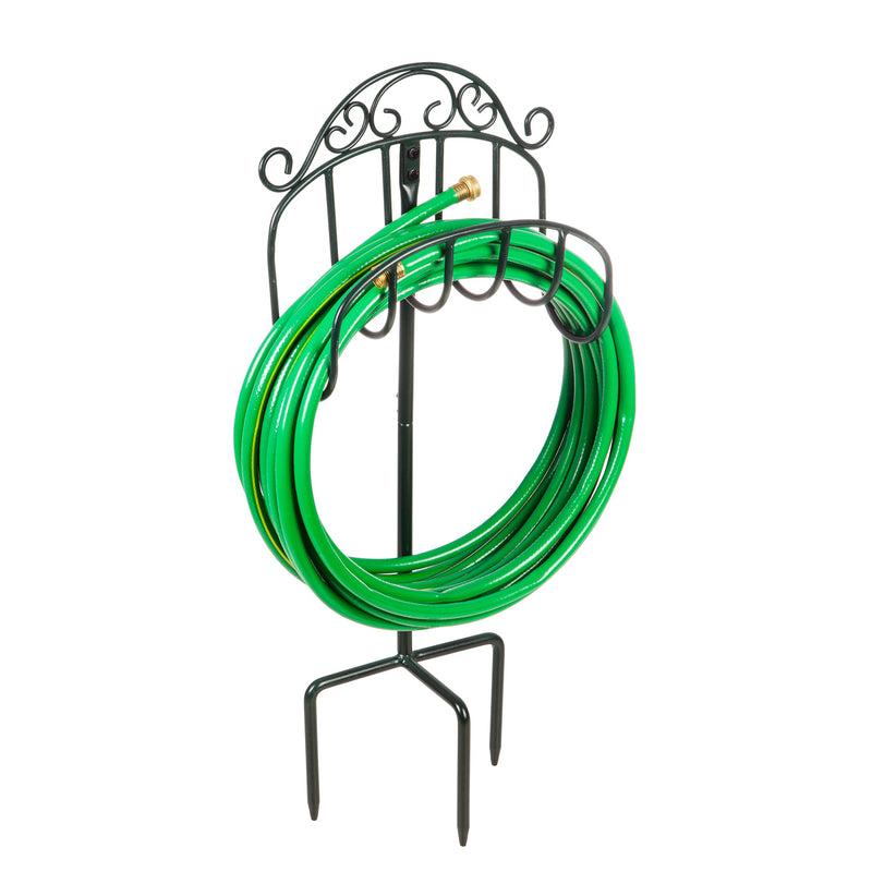 Wrought Iron Hose Holder with Ground Stake - Green, 15.5"x7"x37.5"inches
