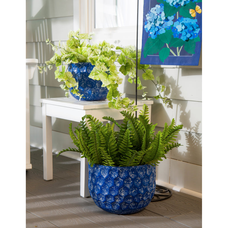 Set of 2 Water Blues Embossed Honeycomb Planters, Dark Blue, 12"x12"x9"inches