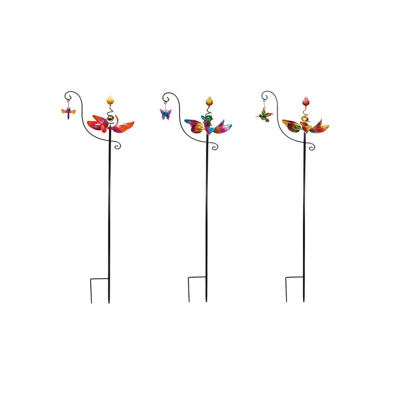 48"H Spinning Floral Garden Stake, 3 ASST, Hummingbird, Butterfly, Dragonfly,8.66"x11.02"x48.43"inches