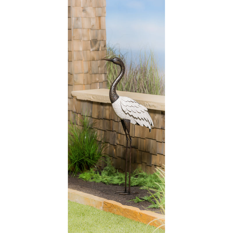 48"H Metal Crane with White Wings Garden Statuary, 16.93"x7.48"x48.03"inches