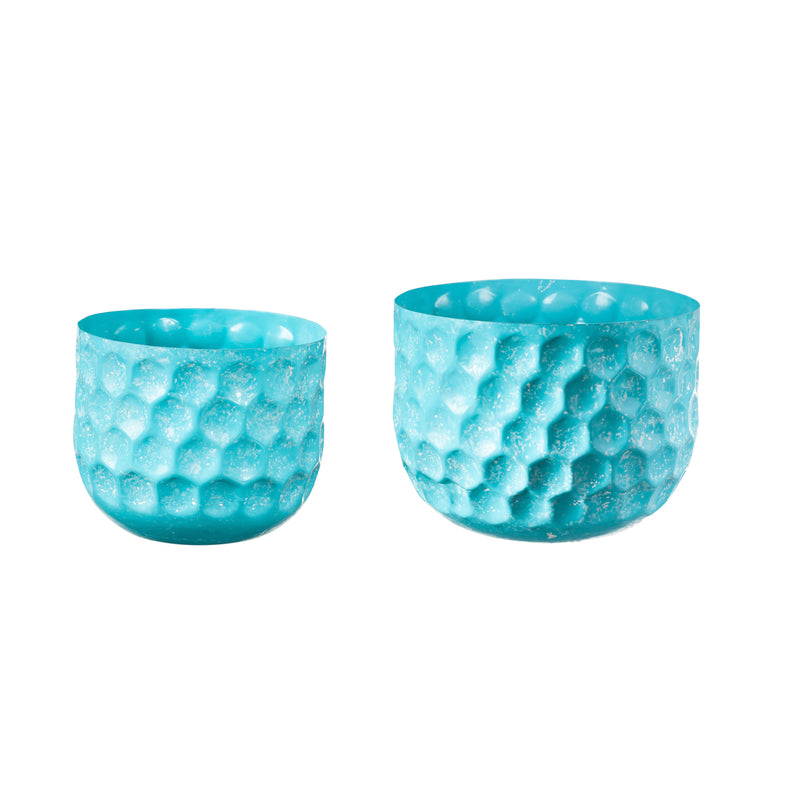 Set of 2 Water Blues Embossed Honeycomb Planters, Light Blue,47m3164