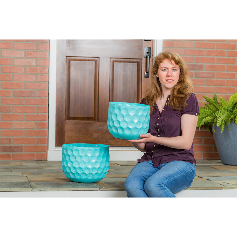 Set of 2 Water Blues Embossed Honeycomb Planters, Light Blue,47m3164